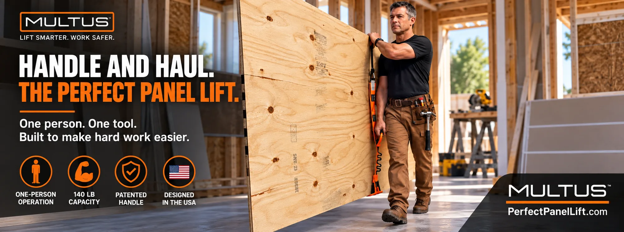 A worker carries a full sheet of plywood on his own with the MULTUS Perfect Panel Lift. Handle and haul. One-person operation, 140 lb capacity, patented handle, designed in the USA.