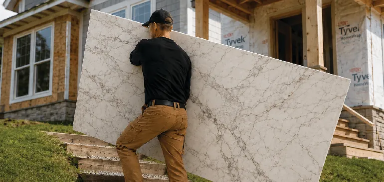 Worker carrying a stone countertop slab up outdoor steps